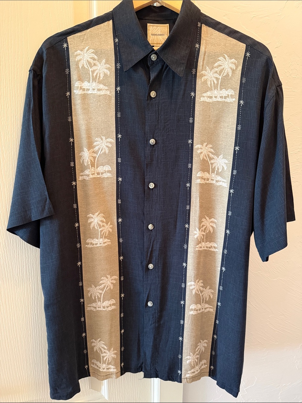 Saddlebred Navy Short-Sleeve Button-Down with Beige Palm Stripe Panels